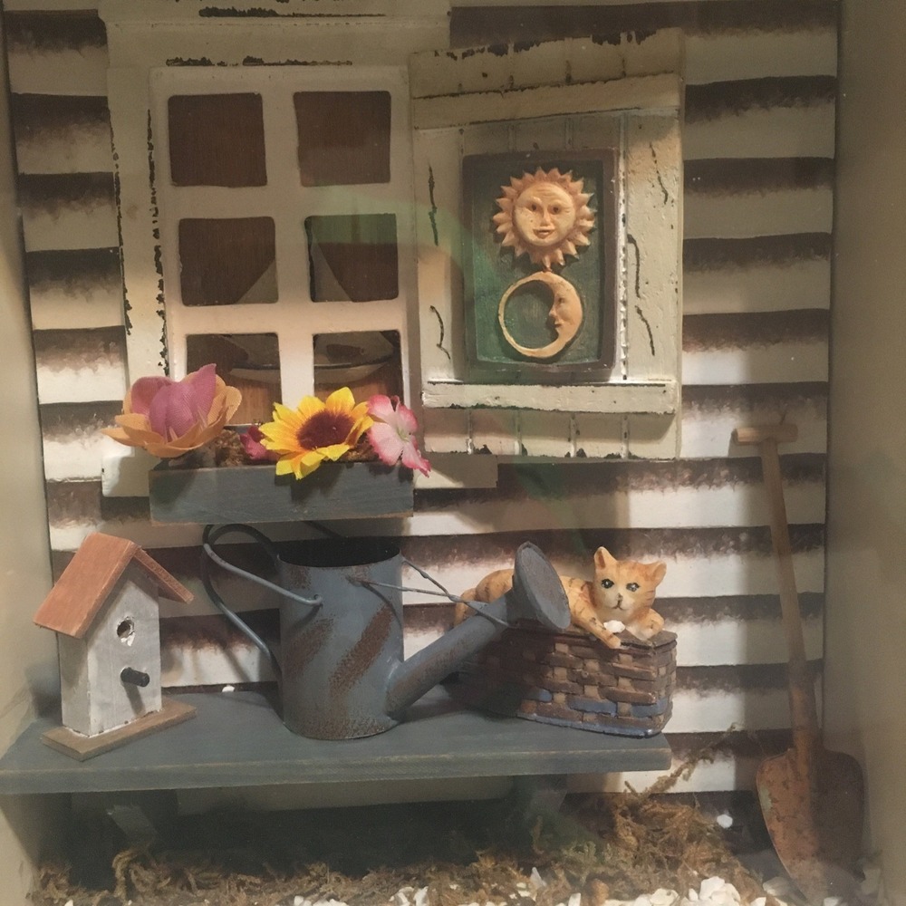 Framed 3D Diorama Shadow Box Flower Cottage Country Farmhouse Core Garden Cat